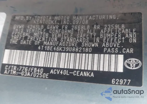 2009 Toyota Camry Le z USA, uszkodzony, nr VIN 4T1BE46K39U882180